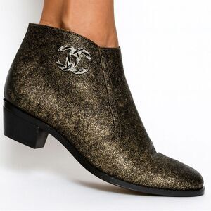 CHANEL Brown Metallic Coated CC Logo Block Heel Ankle Boots Size EU36.5